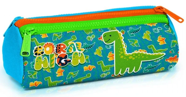 Coral High Yeşil-Turuncu Erkek Çocuk Sevimli Dinazor Baskılı Üç Gözlü Kalem Çantası ürün görseli 1