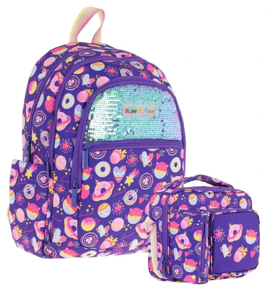 Kaukko Kids Pullu Şekerleme Desenli, Kız Çocuk Mor Okul Çantası + Beslenme Çantası Seti (L5216+L7216) ürün görseli 1