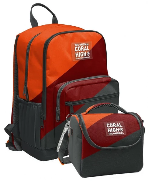 Coral High İlkokul ve Ortaokul Sırt Çantası ve Beslenme Seti - Erkek Çocuklar İçin Turuncu Bordo Gri Renkli ürün görseli 1