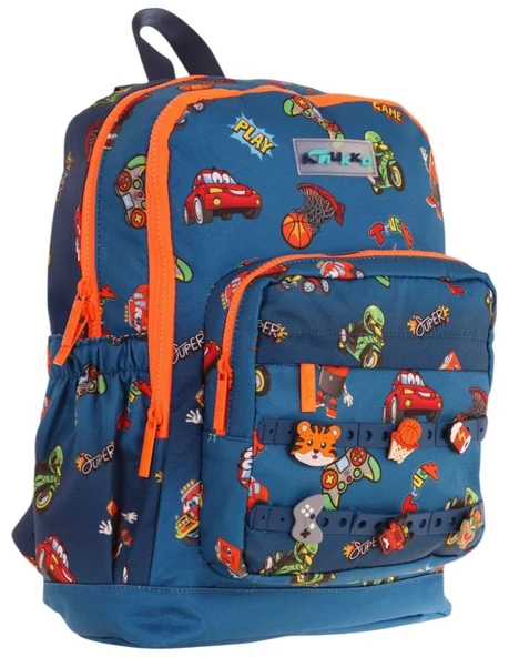 Kaukko Kids Dört Bölmeli Erkek Çocuk Silikon Aksesuarlı Lacivert Turuncu İlkokul Çantası ürün görseli 1