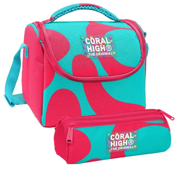 Coral High Kız Çocuk Kırmızı Turkuaz Renkli Çizgili Thermo Beslenme Çantası ve Üç Bölmeli Kalemlik Seti ürün görseli 1