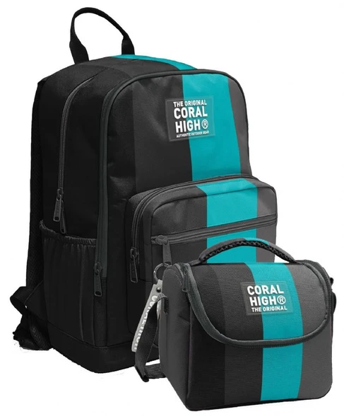 Coral High İlkokul ve Ortaokul Sırt Çantası ve Beslenme Seti - Erkek Çocuklar İçin Siyah Turkuaz Çizgili ürün görseli 1