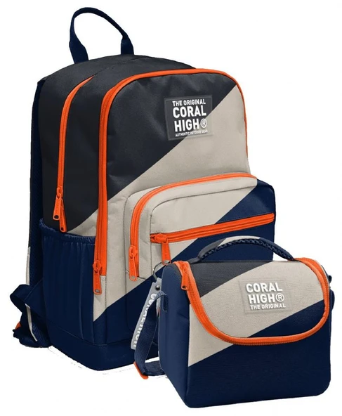 Coral High İlkokul ve Ortaokul Sırt Çantası ve Beslenme Seti - Erkek Çocuklar İçin Lacivert Bej Renkli Çizgili ürün görseli 1
