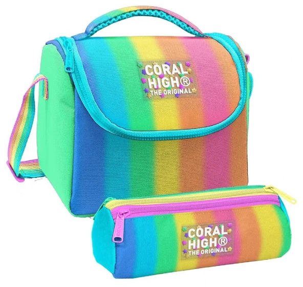 Coral High Kız Çocuk Renkli Çizgili Mavi Turuncu Thermo Beslenme Çantası ve Üç Bölmeli Kalemlik Seti ürün görseli 1