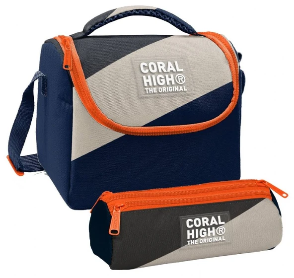 Coral High Erkek Çocuk Lacivert Bej Renkli Çizgili Thermo Beslenme Çantası ve Üç Bölmeli Kalem Çantası Seti ürün görseli 1