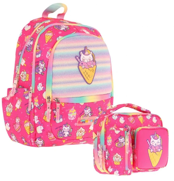 Kaukko Kids Kız Çocuk Okul Çantası ve Isı Yalıtımlı Beslenme Çantası Seti (L5227+L7227) Kauçuk Dondurma - Pembe ürün görseli 1