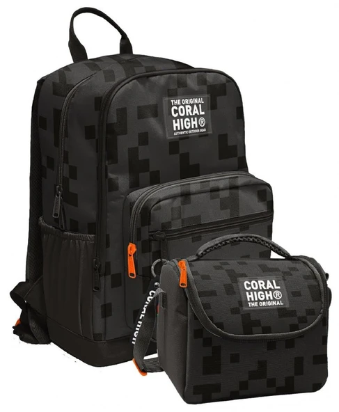 Coral High İlkokul ve Ortaokul Sırt Çantası ve Beslenme Seti - Erkek Çocuklar İçin Siyah Blok Desenli ürün görseli 1