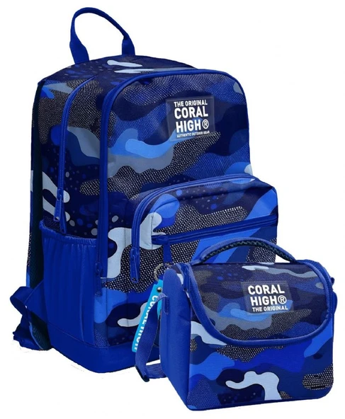 Coral High İlkokul ve Ortaokul Sırt Çantası ve Beslenme Seti - Erkek Çocuklar İçin Mavi Lacivert Kamuflaj ürün görseli 1