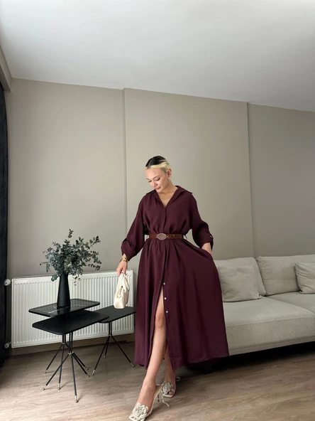 Kadın Kemer Detaylı Gömlek Elbise Bordo ürün görseli 1