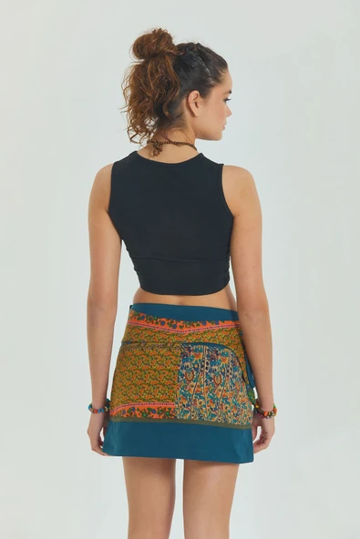 Çiçekli Patch Zımba Detaylı Cepli Mini Etek - Resim 5