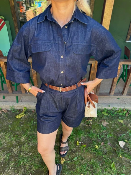 Kadın Denim Gömlek Şort Takım Lacivert - Resim 2