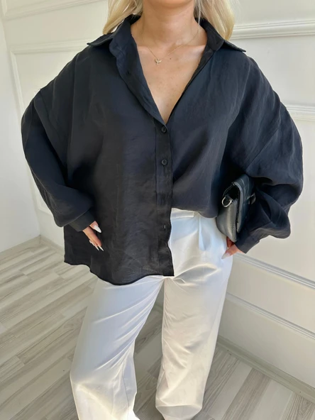 Kadın Oversize Gömlek Siyah - Resim 2