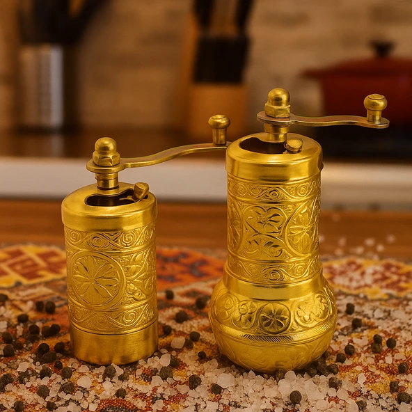 LUDIA Osmanlı Arması Motifli Baharat Değirmeni Sarı 2 li Set Top Küpe Hediyeli! ürün görseli 1
