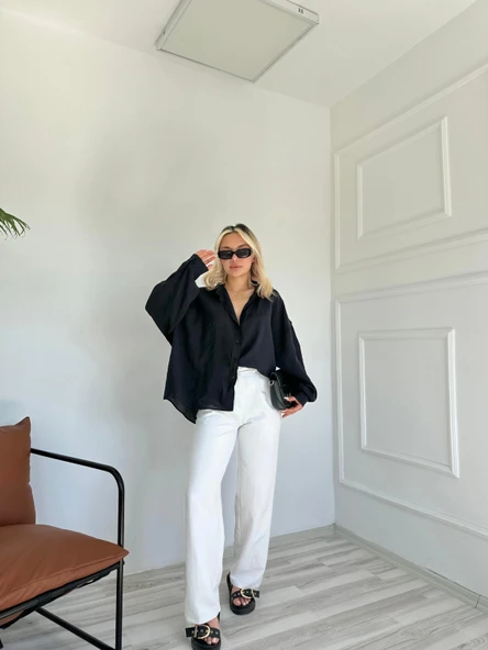Kadın Oversize Gömlek Siyah - Resim 4