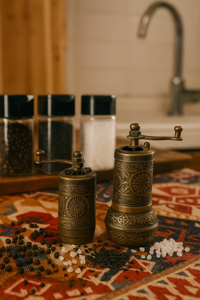 LUDIA Osmanlı Arması Motifli Baharat Değirmeni Antik Renk 2 li Set Top Küpe Hediyeli! ürün görseli 1
