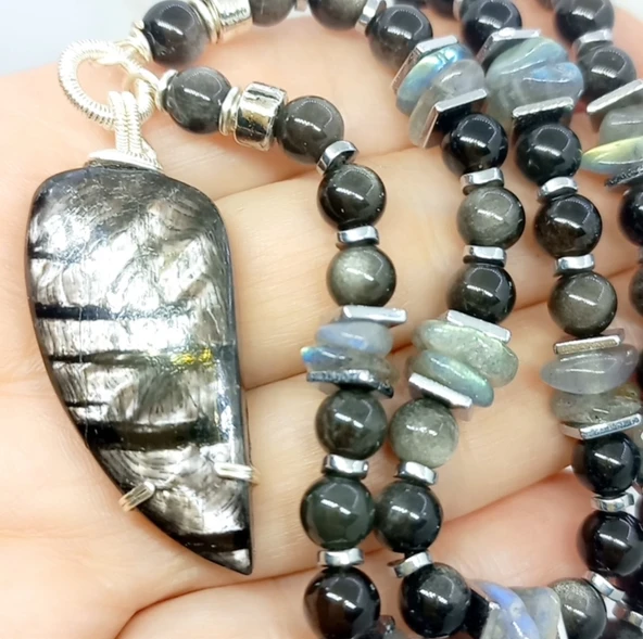 2223 Hypersthene gümüş Obsidyen Labradorit el yapımı kolye - Resim 8