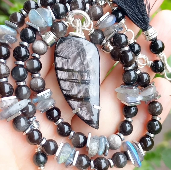 2223 Hypersthene gümüş Obsidyen Labradorit el yapımı kolye - Resim 3