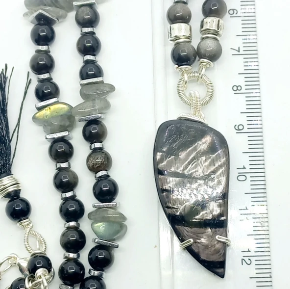 2223 Hypersthene gümüş Obsidyen Labradorit el yapımı kolye - Resim 2