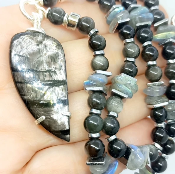 2223 Hypersthene gümüş Obsidyen Labradorit el yapımı kolye ürün görseli 1