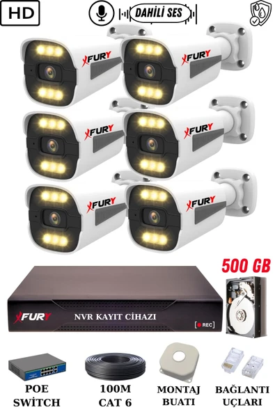 FURY 6 Kameralı Ip Güvenlik Kamerası Seti Sesli 4mp Gece Renkli Su Geçirmez 1506s 500GB ürün görseli 1