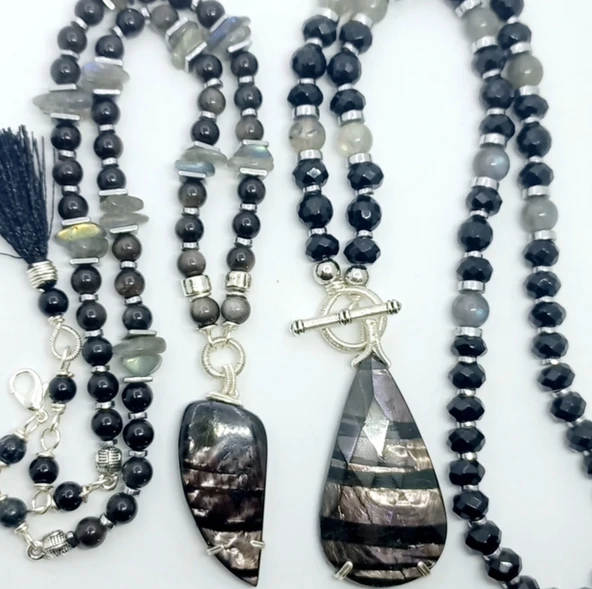 2223 Hypersthene gümüş Obsidyen Labradorit el yapımı kolye - Resim 6