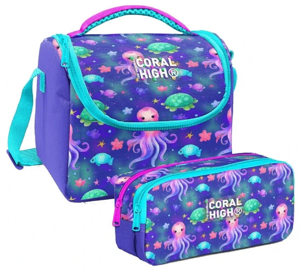 Coral High Kız Çocuk Lavanta Turkuaz Deniz Anası Thermo Beslenme Çantası ve İki Bölmeli Kalemlik Seti ürün görseli 1