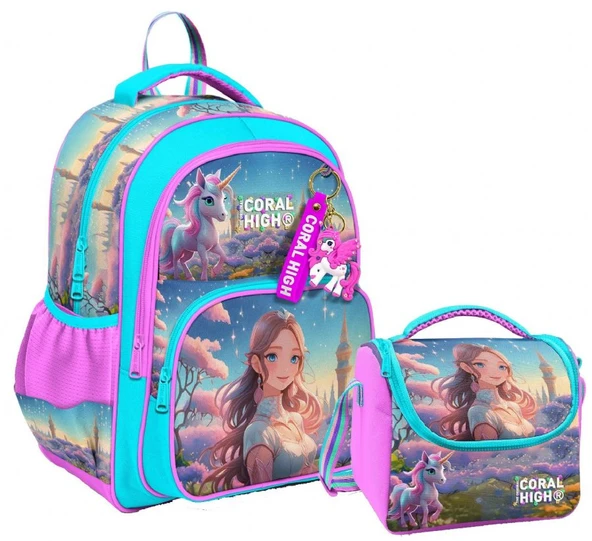 Coral High Kız Çocuklara Özel İlkokul Çantası ve Beslenme Çantası Takım - Turkuaz Pembe Anime Kız ürün görseli 1