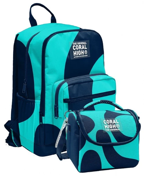 Coral High İlkokul ve Ortaokul Sırt Çantası ve Beslenme Seti - Erkek Çocuklar İçin Lacivert Turkuaz Renkli Çizgili ürün görseli 1