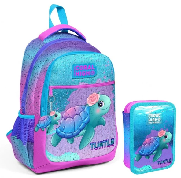 Coral High Turkuaz Pembe Kaplumbağa Kız Çocuk Okul Çantası ve Organizer Kalemlik Seti 23497+11134 ürün görseli 1