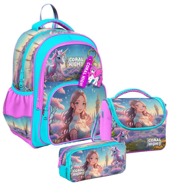 Coral High Üç Bölmeli Turkuaz Pembe Anime Kız, Kız Çocuk, İlkokul Üçlü Okul Çanta Seti ürün görseli 1