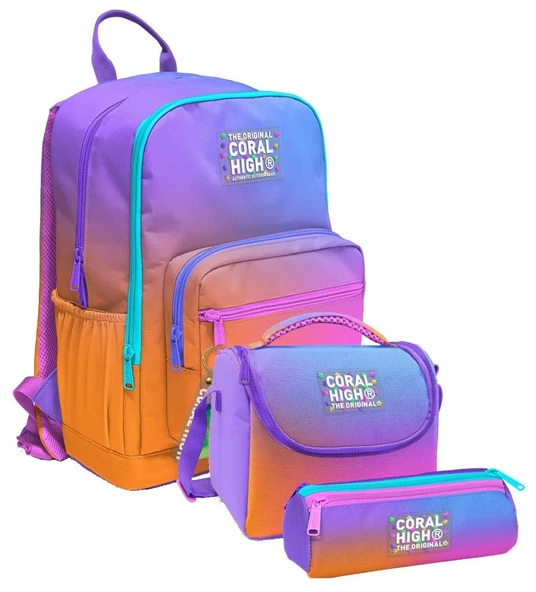 Coral High İlkokul ve Ortaokul Okul Çanta Üçlüsü - Kız Çocuk, Turuncu Mor Renk Geçişli ürün görseli 1