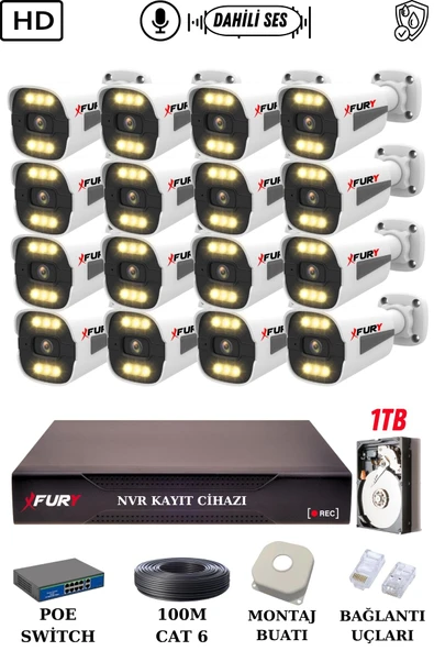 FURY 16 Kameralı Ip Güvenlik Kamerası Seti Sesli 4mp Gece Renkli Su Geçirmez 1506s 1TB ürün görseli 1