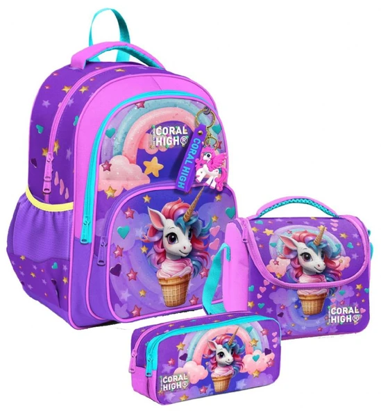 Coral High Üç Bölmeli Mor Pembe Dondurma Unicorn, Kız Çocuk, İlkokul Üçlü Okul Çanta Seti ürün görseli 1