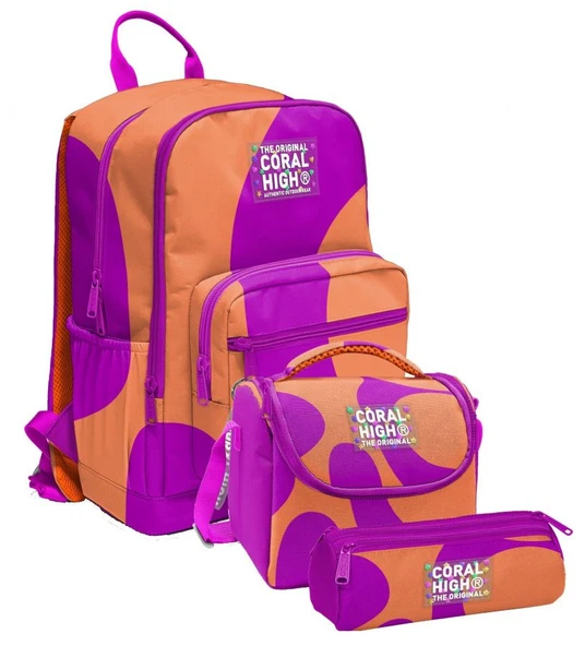 Coral High İlkokul ve Ortaokul Okul Çanta Üçlüsü - Kız Çocuk, Turuncu Mor Renkli Çizgili ürün görseli 1