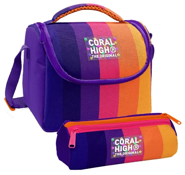 Coral High Kız Çocuk Mor Turuncu Renkli Çizgili Thermo Beslenme Çantası ve Üç Bölmeli Kalemlik Seti ürün görseli 1