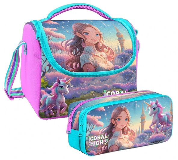 Coral High Kız Çocuk Turkuaz Pembe Anime Kız Thermo Beslenme Çantası ve İki Bölmeli Kalemlik Seti ürün görseli 1
