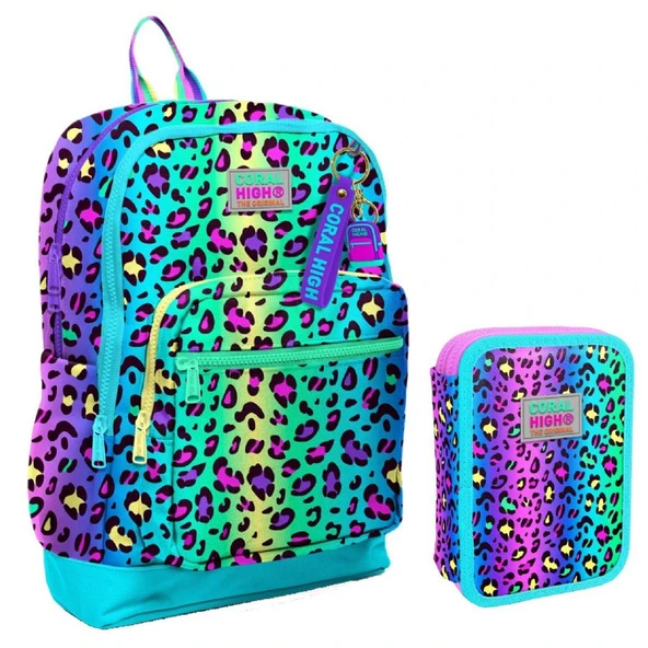 Coral High Yeşil Mor Leopar Kız Çocuk Okul Çantası ve Organizer Kalemlik Seti 23769 11143 ürün görseli 1