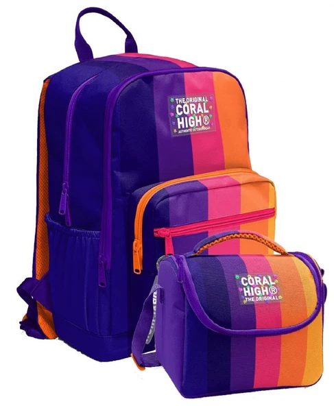 Coral High İlkokul ve Ortaokul Sırt Çantası ve Beslenme Seti - Kız Çocuklar İçin Mor Turuncu Renkli Çizgili ürün görseli 1
