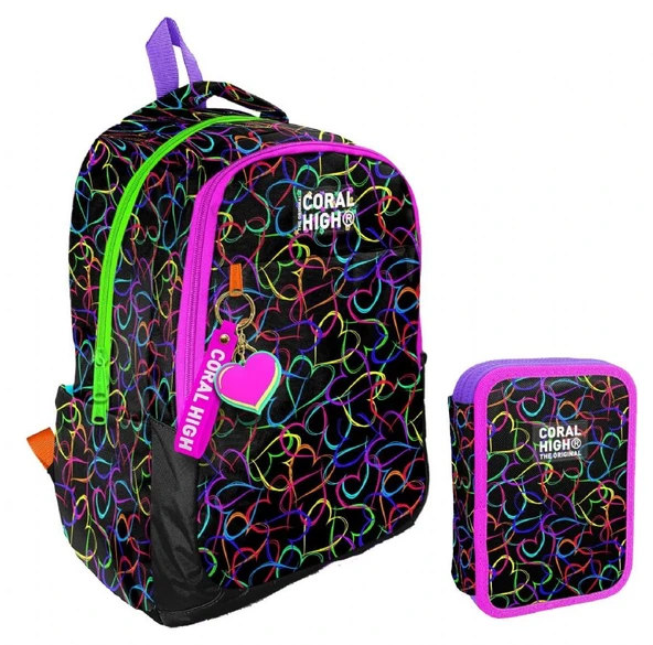 Coral High Kalp Baskılı Siyah Pembe Kız Çocuk Okul Çantası ve Organizer Kalemlik Seti 23670+11145 ürün görseli 1