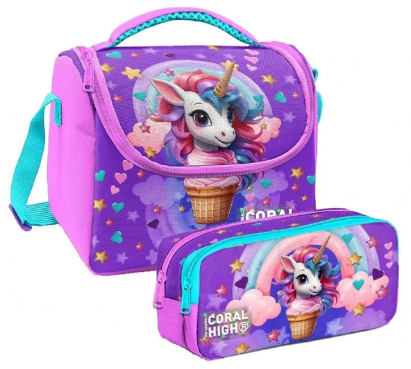 Coral High Kız Çocuk Mor Pembe Dondurma Unicorn Thermo Beslenme Çantası ve İki Bölmeli Kalemlik Seti ürün görseli 1