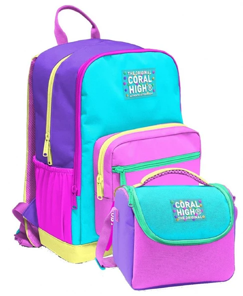 Coral High İlkokul ve Ortaokul Sırt Çantası ve Beslenme Seti - Kız Çocuklar İçin Mor Yeşil Pembe Çok Renkli ürün görseli 1