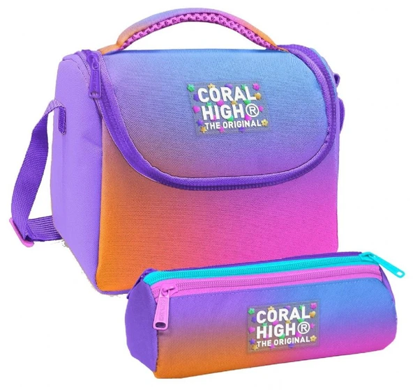 Coral High Kız Çocuk Turuncu Mor Renk Geçişli Thermo Beslenme Çantası ve Üç Bölmeli Kalemlik Seti ürün görseli 1