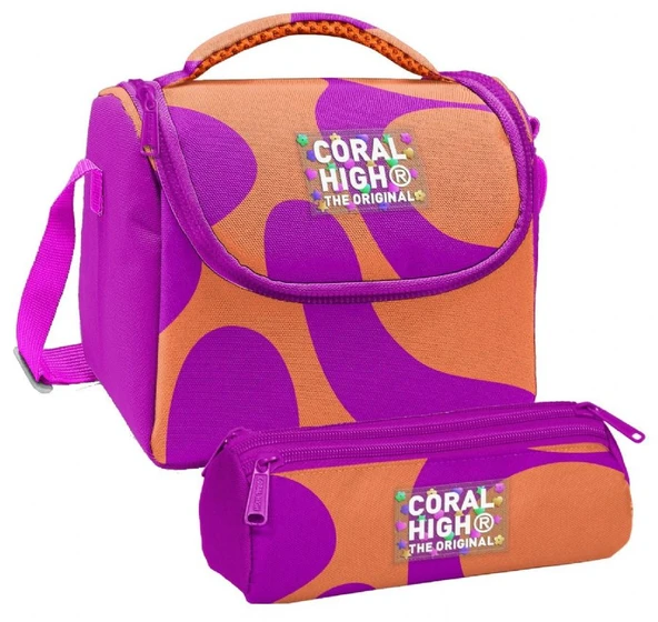 Coral High Kız Çocuk Turuncu Mor Renkli Çizgili Thermo Beslenme Çantası ve Üç Bölmeli Kalem Çantası Seti ürün görseli 1