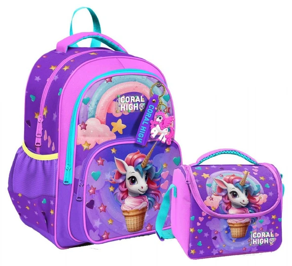 Coral High Kız Çocuklara Özel İlkokul Çantası ve Beslenme Çantası Takım - Mor Pembe Dondurma Unicorn ürün görseli 1