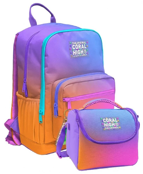 Coral High İlkokul ve Ortaokul Sırt Çantası ve Beslenme Seti - Kız Çocuklar İçin Turuncu Mor Renk Geçişli ürün görseli 1