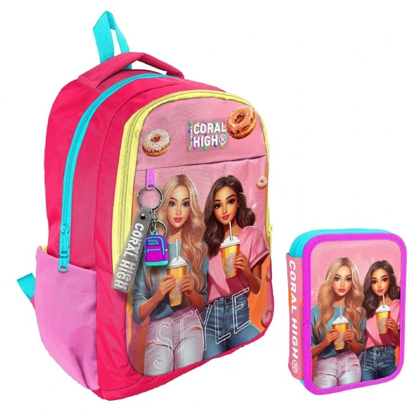 Coral High Pembe Kırmızı Fashion Girl Kız Çocuk Okul Çantası ve Organizer Kalemlik Seti 23669+11141 ürün görseli 1