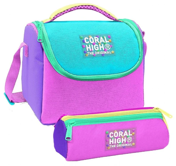 Coral High Kız Çocuk Mor Yeşil Pembe Çok Renkli Thermo Beslenme Çantası ve Üç Bölmeli Kalemlik Seti ürün görseli 1