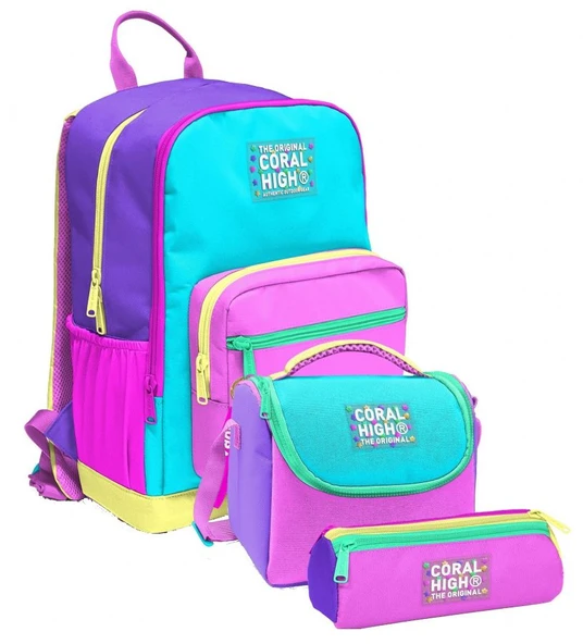 Coral High İlkokul ve Ortaokul Okul Çanta Üçlüsü - Kız Çocuk, Mor Yeşil Pembe Çok Renkli ürün görseli 1