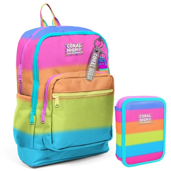 Coral High Pembe Turuncu Renk Geçişli Kız Çocuk Okul Çantası ve Organizer Kalemlik Seti 23770 11140 ürün görseli 1