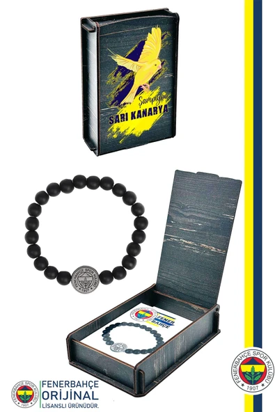 Fenerbahçe Orijinal Lisanslı FB Logo Mat Onix Doğaltaş Bileklik Kanarya Baskılı Hediye Ahşap Kutulu ürün görseli 1